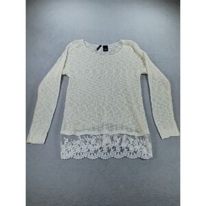 New Directions Petite Sweater Ivory PM Lace Trim Open Knit Long Sleeve